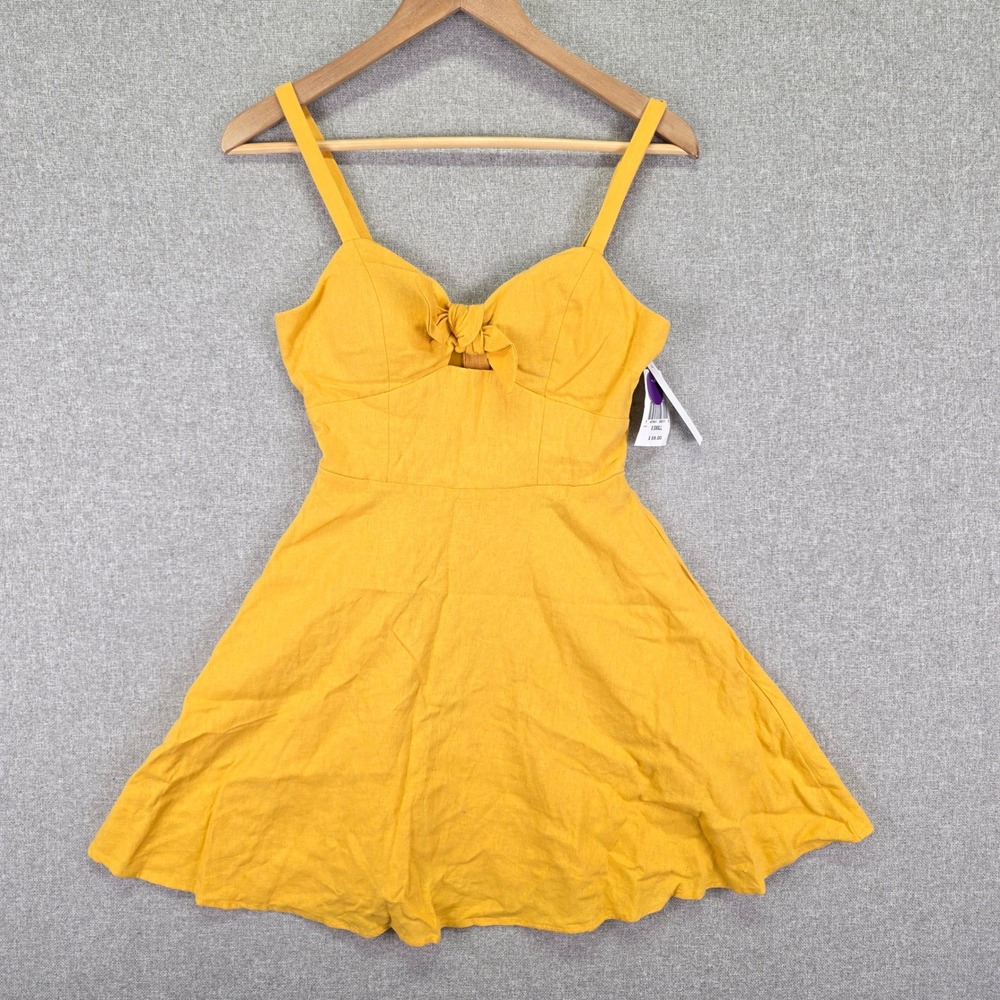 Womens XS Mustard Yellow Linen Blend Tie Front Mini Dress Boho Y2K